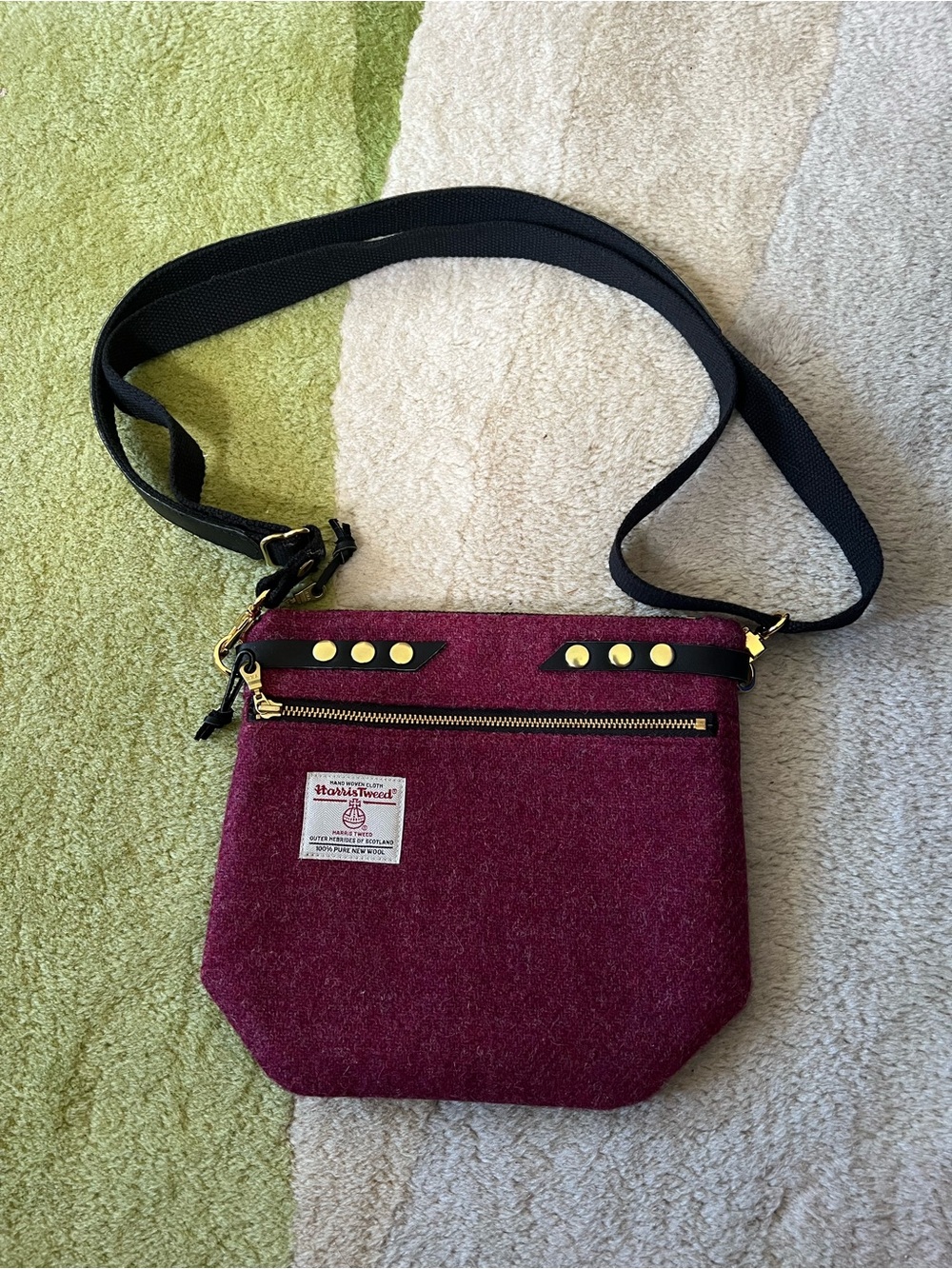 Harris Tweed Burgundy Crossbody Bag with Black Strap